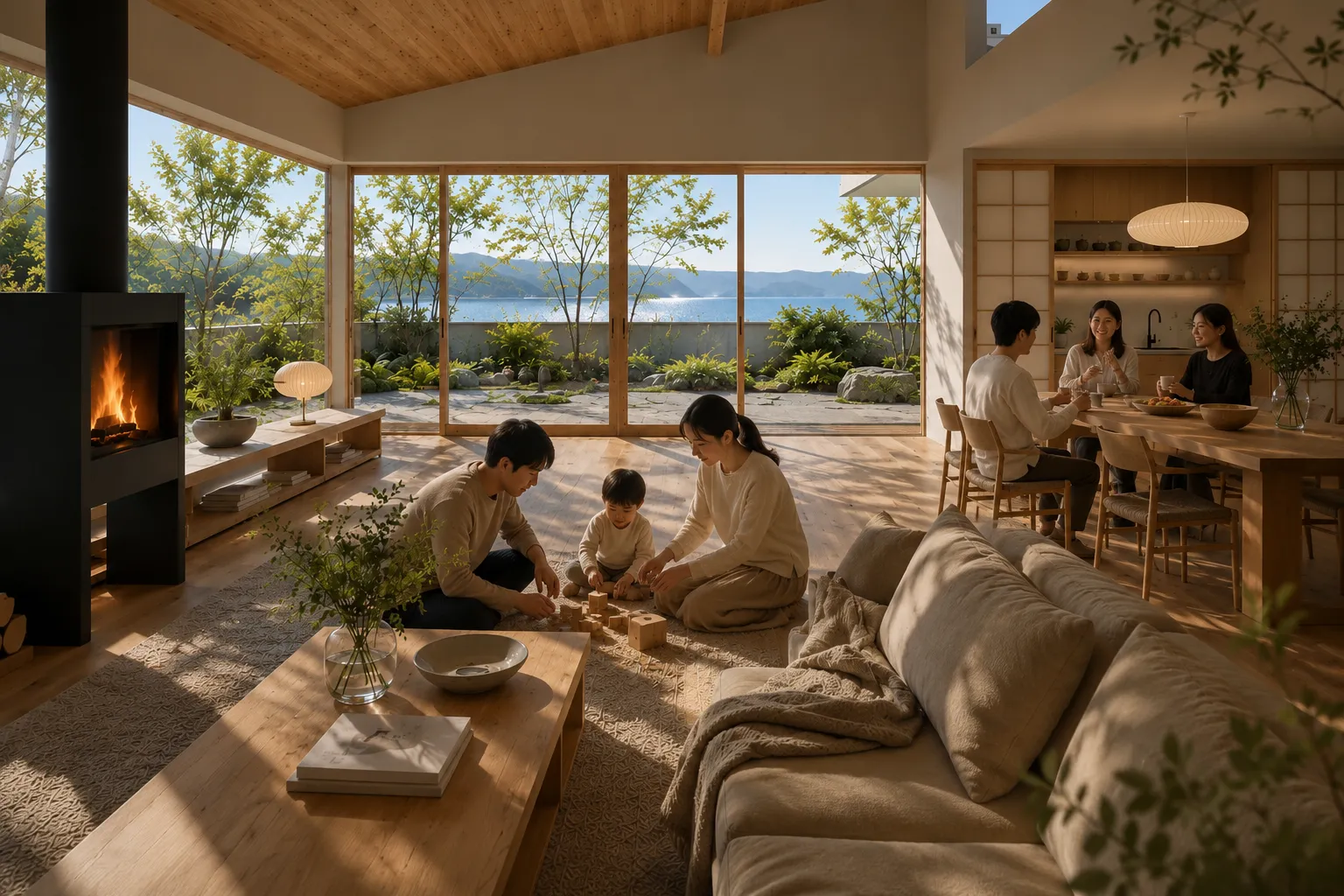 湖を望む客間で家族や友人と過ごす時間